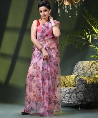 Women's printed organza sari trending rose leaf design fancy wedding saree for women 5