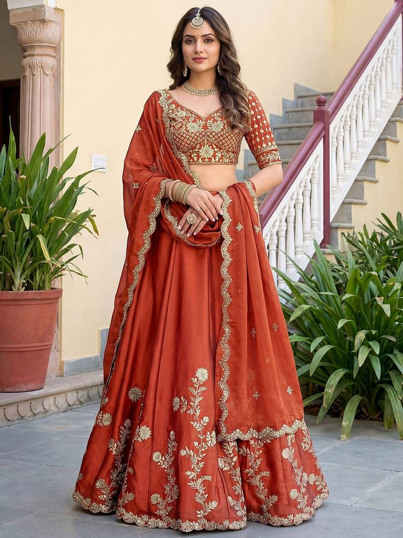 Rust Embroidered Designer Lehenga Choli with Dupatta