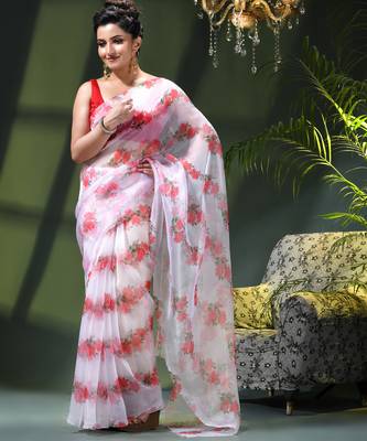 Women's printed organza sari trending rose leaf design fancy wedding saree for women 2