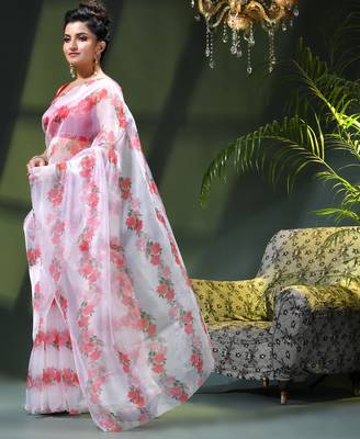 Women's printed organza sari trending rose leaf design fancy wedding saree for women 3