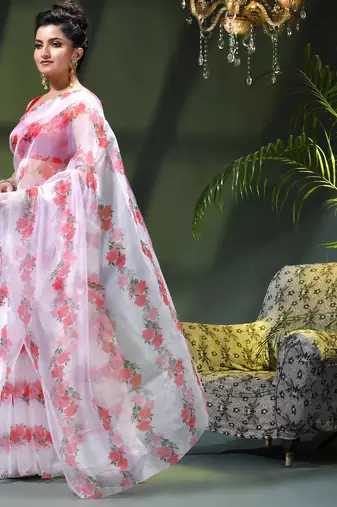 Women's printed organza sari trending rose leaf design fancy wedding saree for women