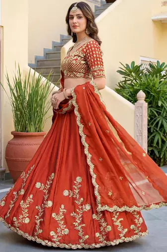 Rust Embroidered Designer Lehenga Choli with Dupatta