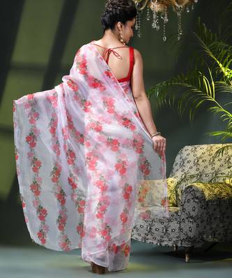 Women's printed organza sari trending rose leaf design fancy wedding saree for women 4