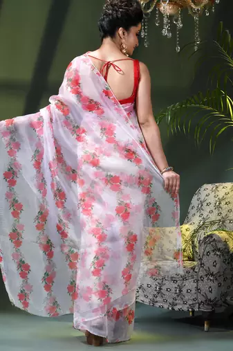 Women's printed organza sari trending rose leaf design fancy wedding saree for women