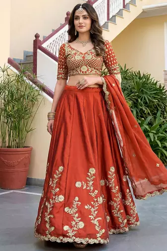 Rust Embroidered Designer Lehenga Choli with Dupatta
