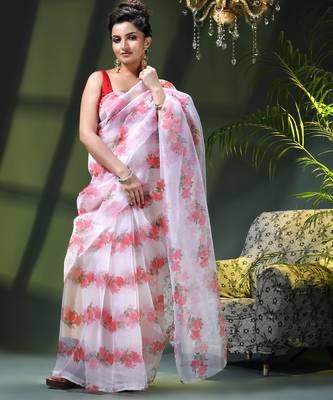 Women's printed organza sari trending rose leaf design fancy wedding saree for women 5