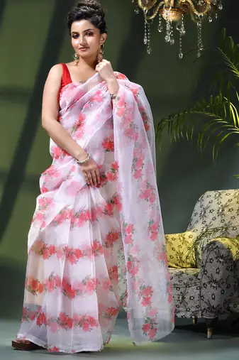 Women's printed organza sari trending rose leaf design fancy wedding saree for women