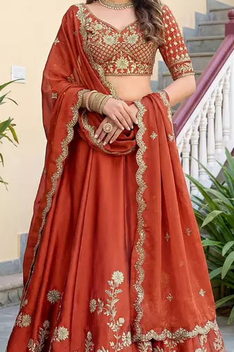 Rust Embroidered Designer Lehenga Choli with Dupatta