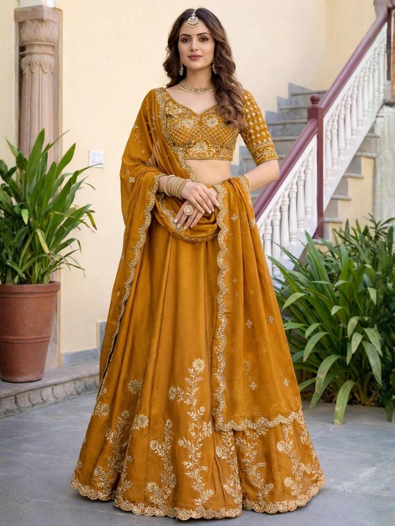 Mustard Embroidered Designer Lehenga Choli with Dupatta