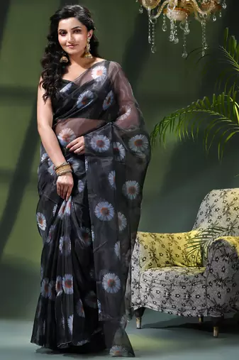 Women's printed organza sari trending rose leaf design fancy wedding saree for women