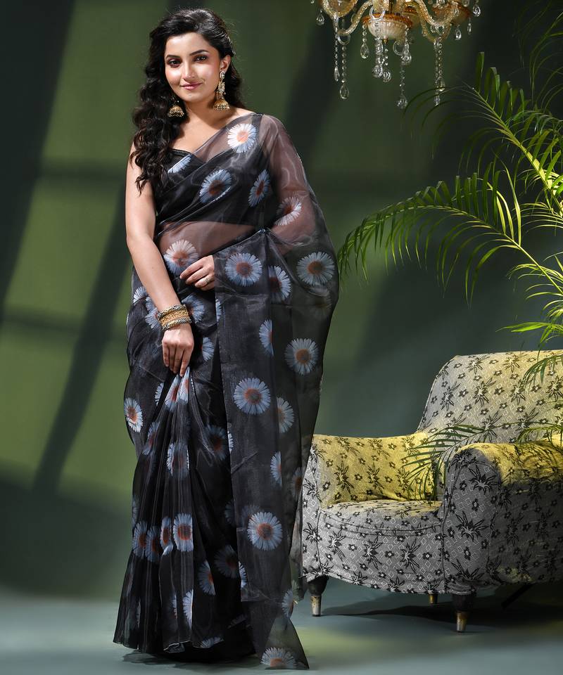 Women's printed organza sari trending rose leaf design fancy wedding saree for women