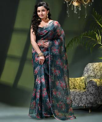 Women's printed organza sari trending rose leaf design fancy wedding saree for women 1