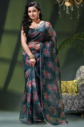 Women's printed organza sari trending rose leaf design fancy wedding saree for women