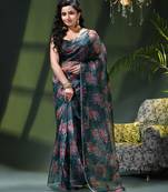 Women's printed organza sari trending rose leaf design fancy wedding saree for women