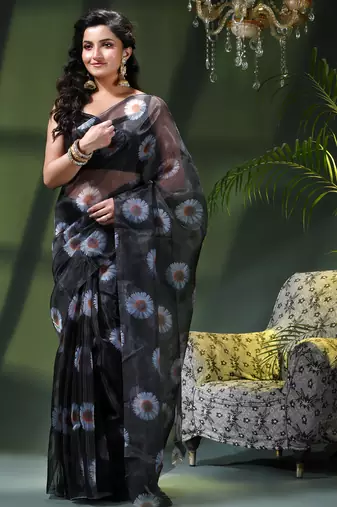 Women's printed organza sari trending rose leaf design fancy wedding saree for women