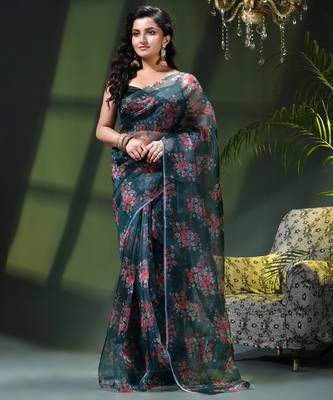 Women's printed organza sari trending rose leaf design fancy wedding saree for women 2