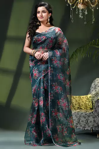 Women's printed organza sari trending rose leaf design fancy wedding saree for women