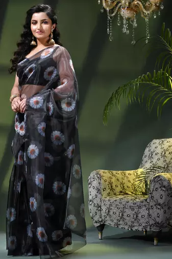 Women's printed organza sari trending rose leaf design fancy wedding saree for women