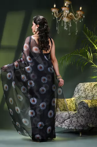 Women's printed organza sari trending rose leaf design fancy wedding saree for women