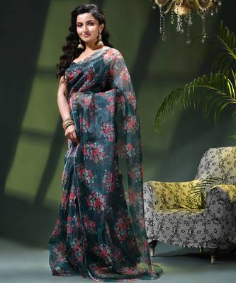 Women's printed organza sari trending rose leaf design fancy wedding saree for women 3
