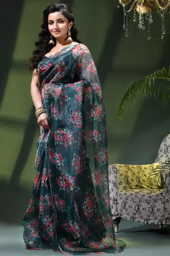 Women's printed organza sari trending rose leaf design fancy wedding saree for women