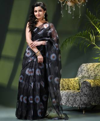Women's printed organza sari trending rose leaf design fancy wedding saree for women 5