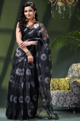 Women's printed organza sari trending rose leaf design fancy wedding saree for women