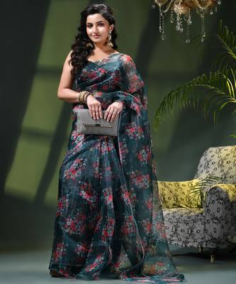Women's printed organza sari trending rose leaf design fancy wedding saree for women 4