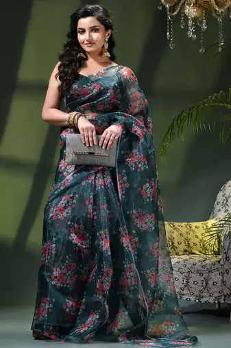 Women's printed organza sari trending rose leaf design fancy wedding saree for women