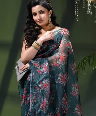 Women's printed organza sari trending rose leaf design fancy wedding saree for women 5