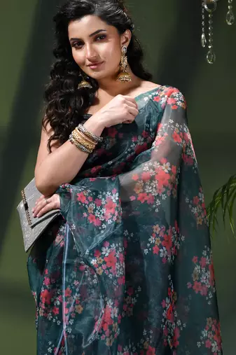 Women's printed organza sari trending rose leaf design fancy wedding saree for women