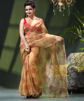 Women's printed organza sari trending rose leaf design fancy wedding saree for women 1