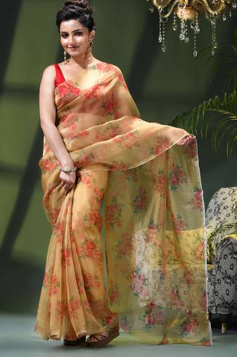 Women's printed organza sari trending rose leaf design fancy wedding saree for women