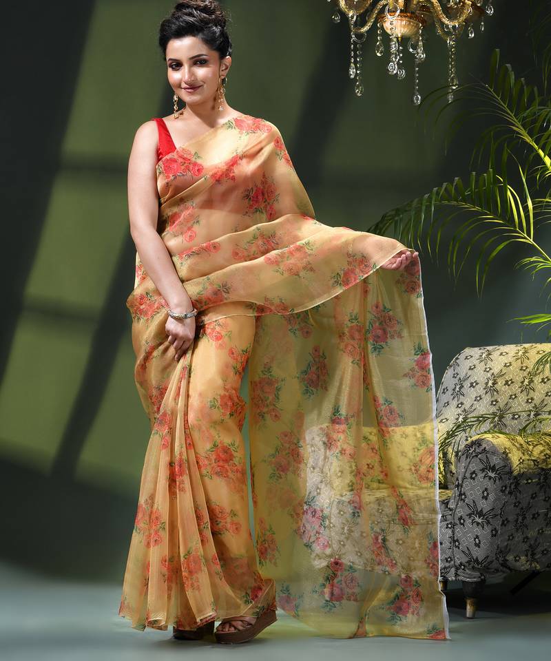 Women's printed organza sari trending rose leaf design fancy wedding saree for women