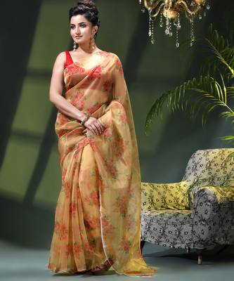 Women's printed organza sari trending rose leaf design fancy wedding saree for women 2