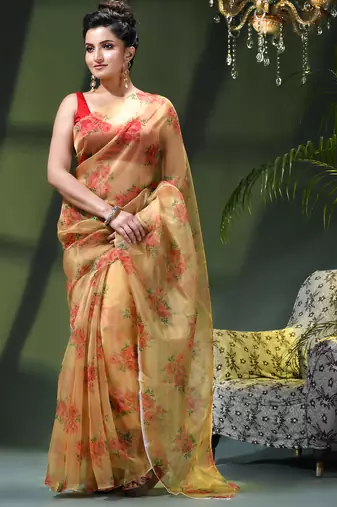 Women's printed organza sari trending rose leaf design fancy wedding saree for women