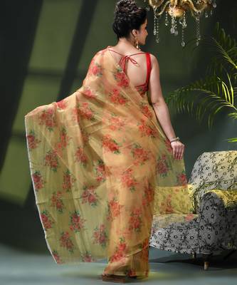 Women's printed organza sari trending rose leaf design fancy wedding saree for women 3