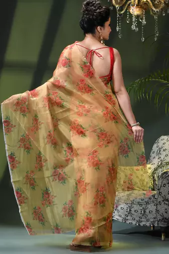 Women's printed organza sari trending rose leaf design fancy wedding saree for women