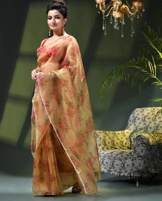 Women's printed organza sari trending rose leaf design fancy wedding saree for women 4