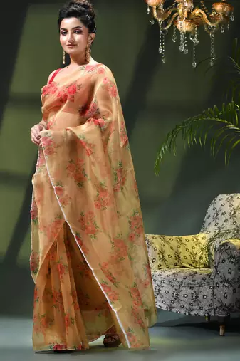 Women's printed organza sari trending rose leaf design fancy wedding saree for women