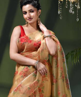 Women's printed organza sari trending rose leaf design fancy wedding saree for women 5