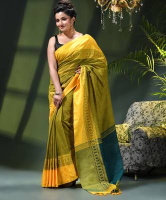 Women's pure cotton silk linen party wear saree diamond handloom design georgette zari cotton saree 4