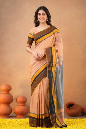 Orange Pure Cotton Handloom South Indian Style Saree with Unstitched Blouse Piece