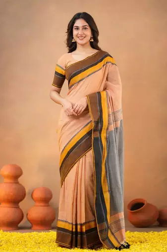 Orange Pure Cotton Handloom South Indian Style Saree with Unstitched Blouse Piece