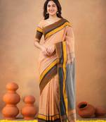 Orange Pure Cotton Handloom South Indian Style Saree with Unstitched Blouse Piece
