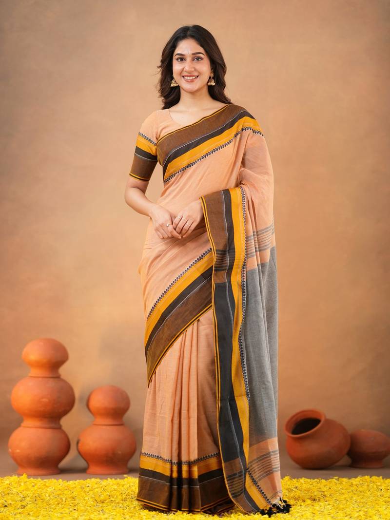 Orange Pure Cotton Handloom South Indian Style Saree with Unstitched Blouse Piece