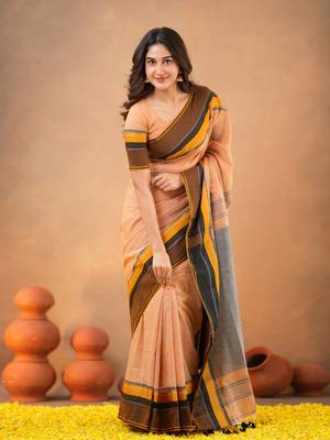 Orange Pure Cotton Handloom South Indian Style Saree with Unstitched Blouse Piece 3
