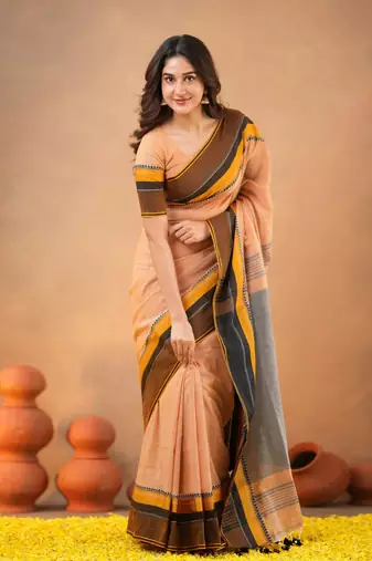 Orange Pure Cotton Handloom South Indian Style Saree with Unstitched Blouse Piece