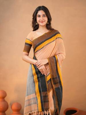 Orange Pure Cotton Handloom South Indian Style Saree with Unstitched Blouse Piece 4