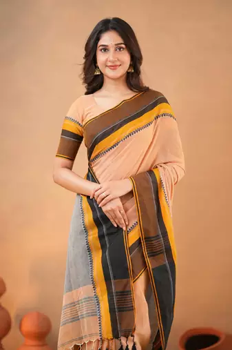 Orange Pure Cotton Handloom South Indian Style Saree with Unstitched Blouse Piece